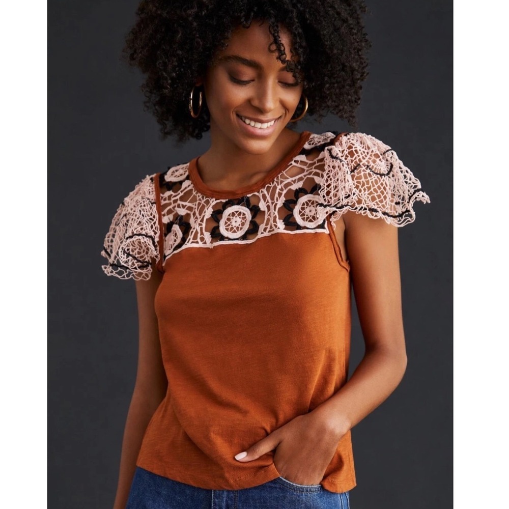 Free People Bohemian Anthropologie Crochet‎ Flutter Sleeve Top Rust Orange XXS